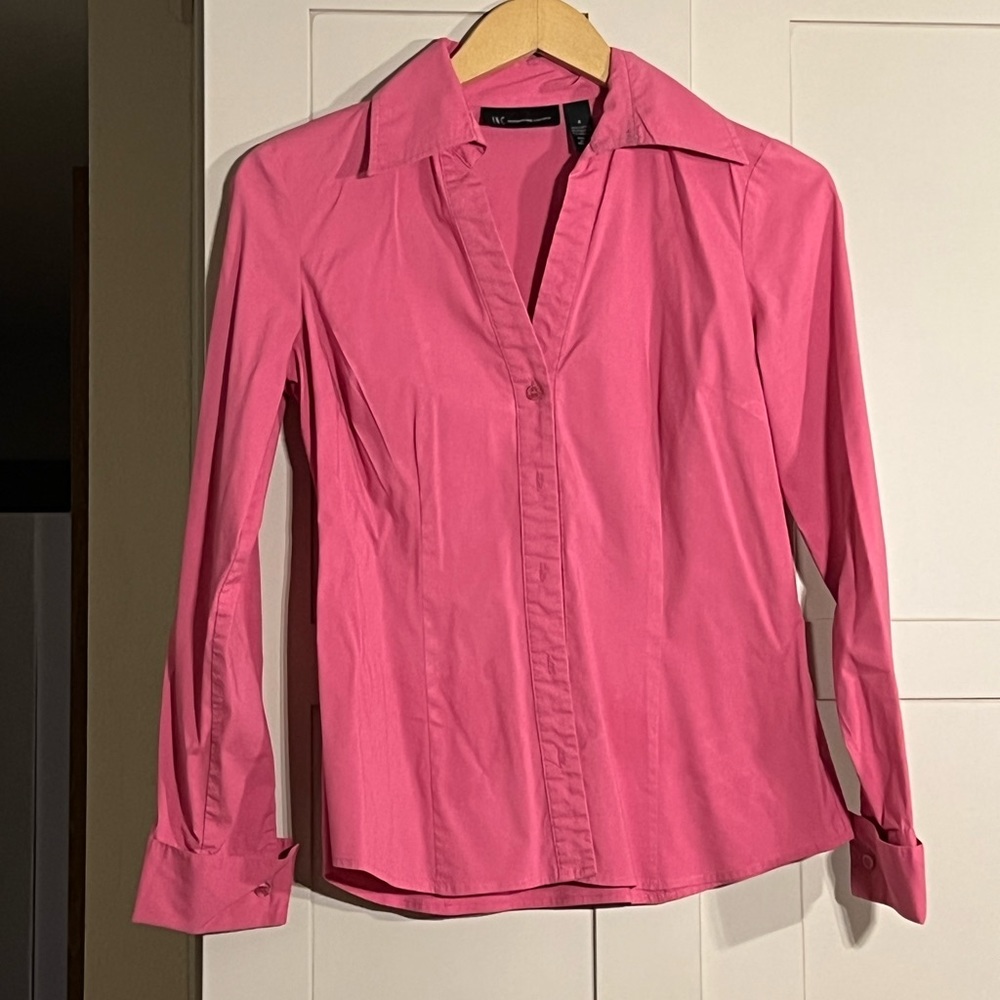 INC pink blouse, slightly stretchy fitted, cuff sleeves, size 4